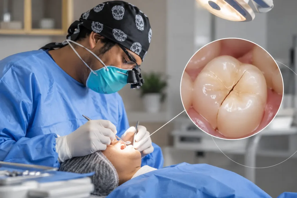 Dentista evaluando microfisuras dentales en un paciente