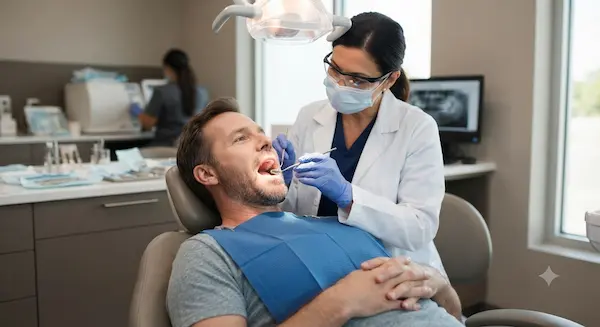 Odontóloga revisando la acumulación de placa bacteriana y sarro en los dientes de una paciente